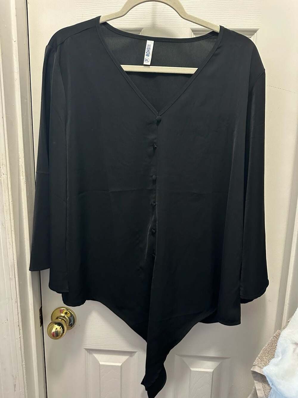 VIISHOW Womens Black Long Sleeve V-Neck Button Down Tied Hem Blouse Size XL